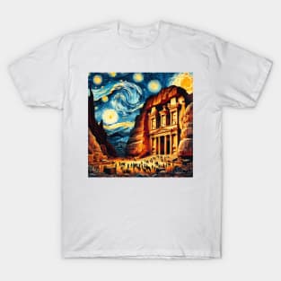 Petra, Jordan, in the style of Vincent van Gogh's Starry Night T-Shirt